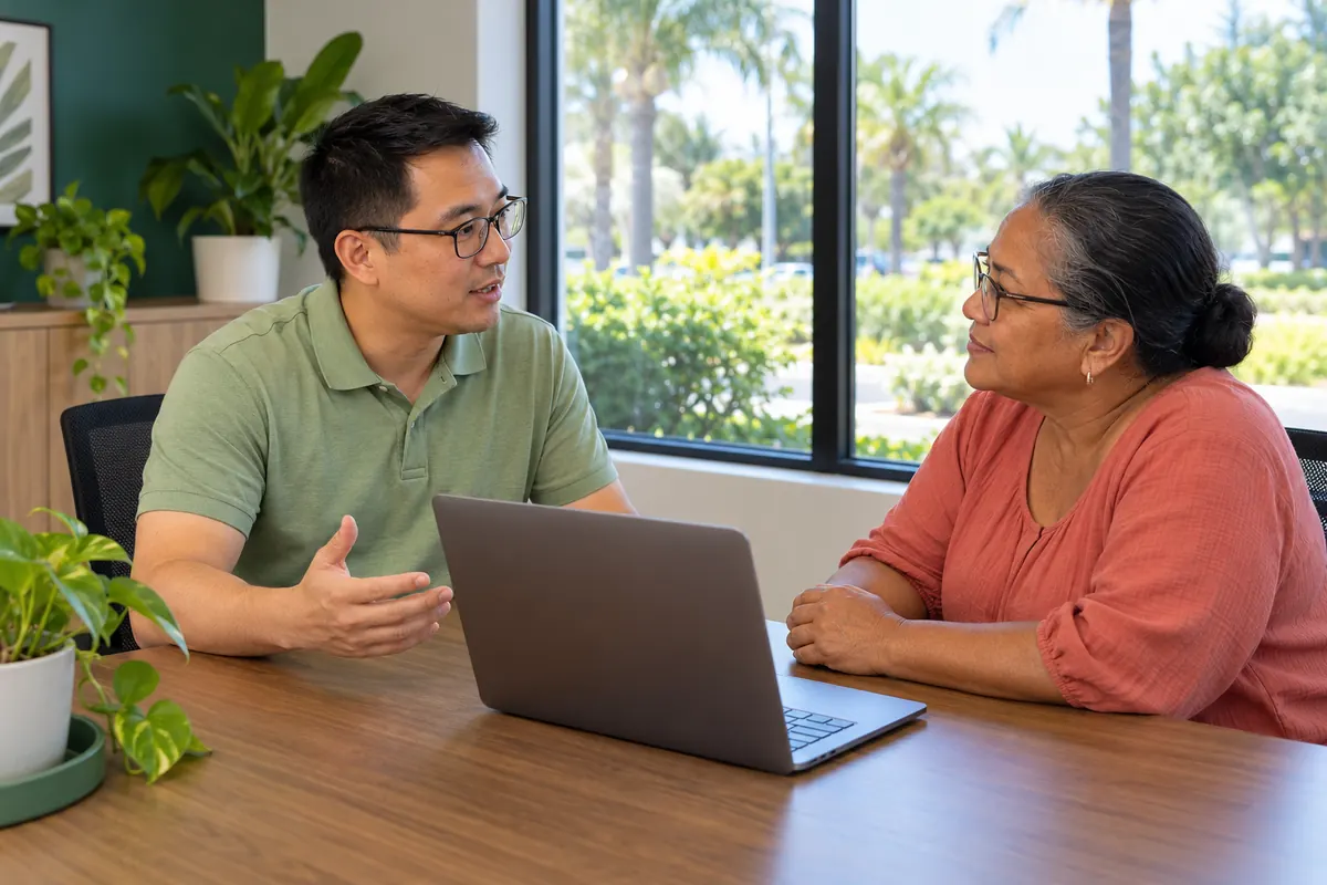 A specialist and a business owner reviewing a website